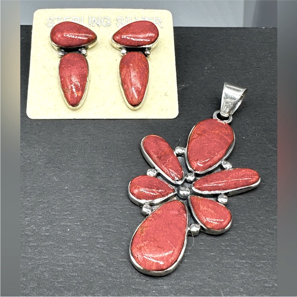 925 Sterling Silver & Orange terracotta color Coral Pendant & Post Earring Set